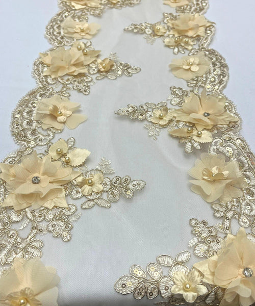 Champagne Beaded Lace Table Runner with Pearls and Sequins, 3D Embroideries on Lace Fabric, Trim Lace  Embroidered Table Runner