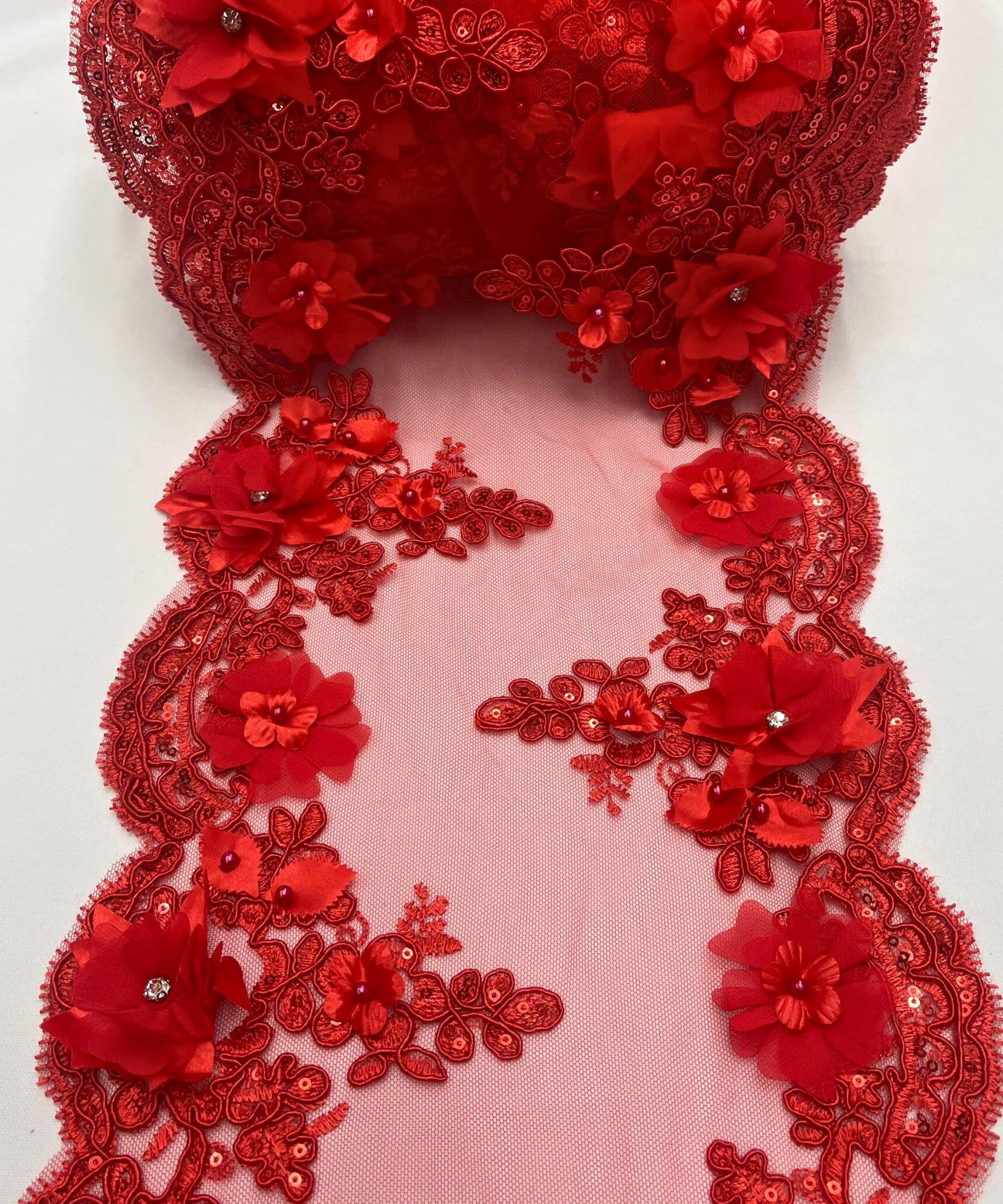 Red Beaded Lace Table Runner with Pearls and Sequins, 3D Embroideries on Lace Fabric, Trim Lace  Embroidered Table Runner