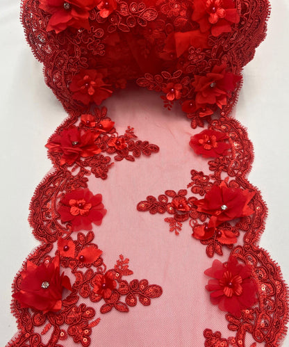 Red Beaded Lace Table Runner with Pearls and Sequins, 3D Embroideries on Lace Fabric, Trim Lace  Embroidered Table Runner