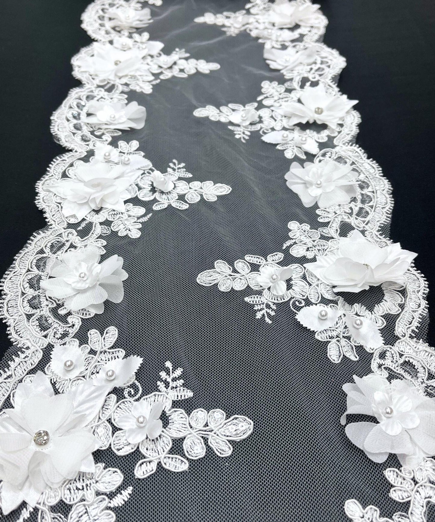 White Beaded Lace Table Runner with Pearls and Crystals, 3D Embroidered Lace Fabric, Trim Lace, 22" Wide Embroidered Beaded Table Runner
