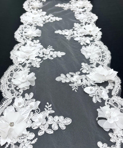 White Beaded Lace Table Runner with Pearls and Crystals, 3D Embroidered Lace Fabric, Trim Lace, 22" Wide Embroidered Beaded Table Runner