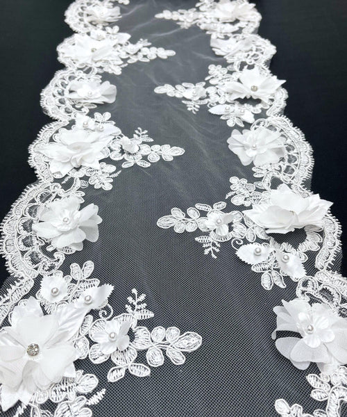 White Beaded Lace Table Runner with Pearls and Sequins, 3D Embroideries on Lace Fabric, Trim Lace  Embroidered Table Runner