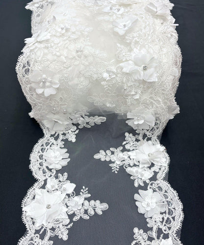 White Beaded Lace Table Runner with Pearls and Crystals, 3D Embroidered Lace Fabric, Trim Lace, 22" Wide Embroidered Beaded Table Runner
