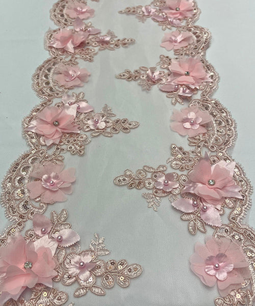 Blush Beaded Lace Table Runner with Pearls and Sequins, 3D Embroideries on Lace Fabric, Trim Lace  Embroidered Table Runner