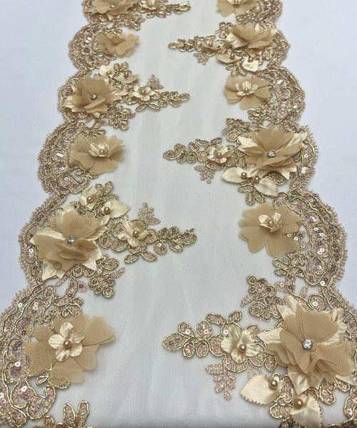 Gold Beaded Lace Table Runner with Pearls and Sequins, 3D Embroideries on Lace Fabric, Trim Lace  Embroidered Table Runner