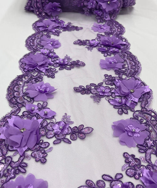 Lilac Beaded Lace Table Runner with Pearls and Sequins, 3D Embroideries on Lace Fabric, Trim Lace  Embroidered Table Runner