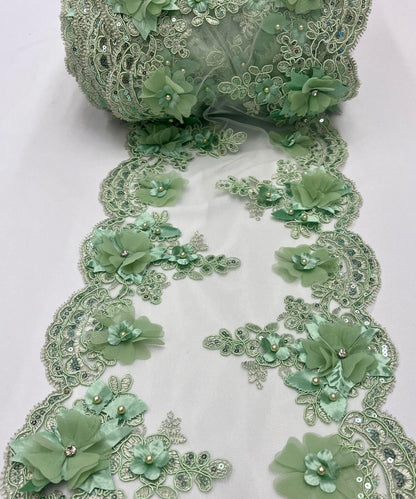 Sage Floral Beaded Lace Table Runner