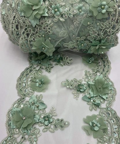 Sage Green Beaded Lace Table Runner with Pearls and Sequins, 3D Embroideries on Lace Fabric, Trim Lace  Embroidered Table Runner