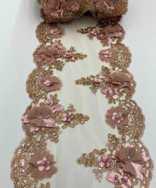 Dusty Rose Beaded Lace Table Runner with Pearls and Sequins, 3D Embroideries on Lace Fabric, Trim Lace  Embroidered Table Runner
