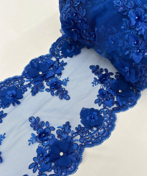 Royal Blue Beaded Lace Table Runner with Pearls and Sequins, 3D Embroideries on Lace Fabric, Trim Lace  Embroidered Table Runner