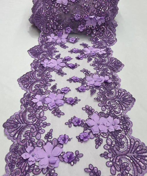 Lilac Beaded Lace Table Runner with Pearls and Sequins, 3D Embroideries on Lace Fabric, Trim Lace  Embroidered Table Runner