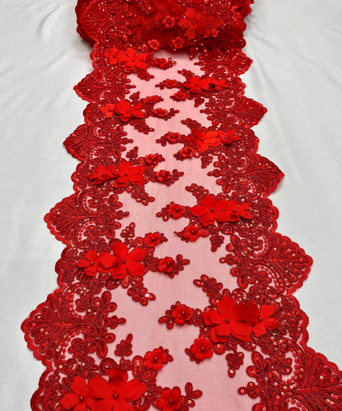 Red Beaded Lace Table Runner with Pearls and Sequins, 3D Embroideries on Lace Fabric, Trim Lace  Embroidered Table Runner