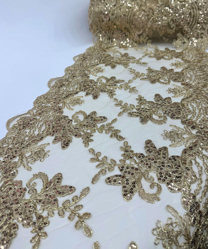 Champagne Floral Lace Fabric for Table Runner, Sequins Embroidered Lace on Mesh Fabric, Trim Lace, 14" Wide Gold Embroidered Table Runner