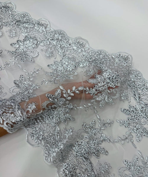 Silver Floral Sequin Lace Fabric for Table Runner