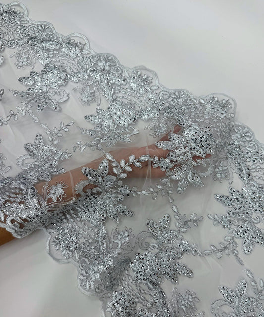 Silver Floral Sequin Lace Fabric for Table Runner
