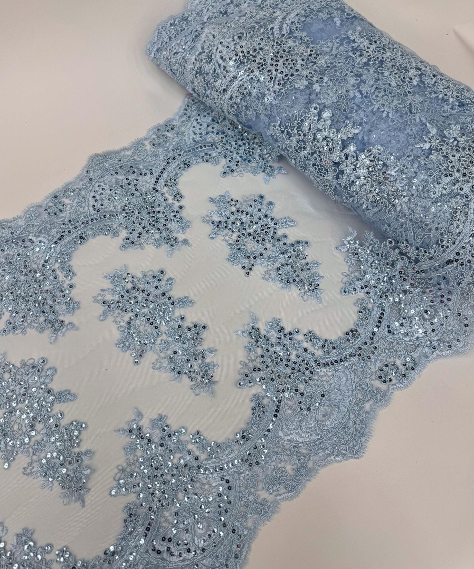 Baby Blue Sequin Lace Fabric for Table Runner