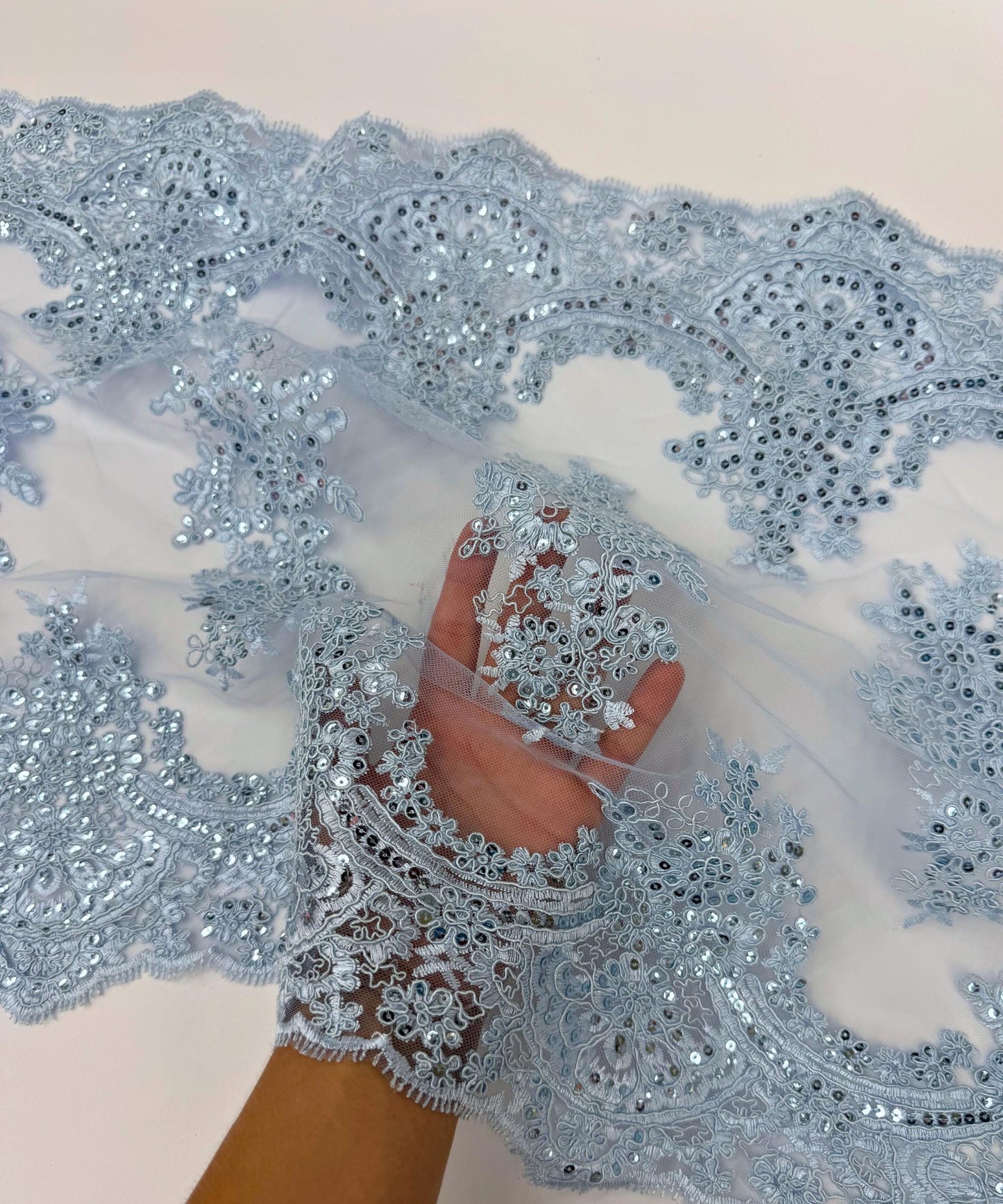 Baby Blue Sequin Lace Fabric for Table Runner